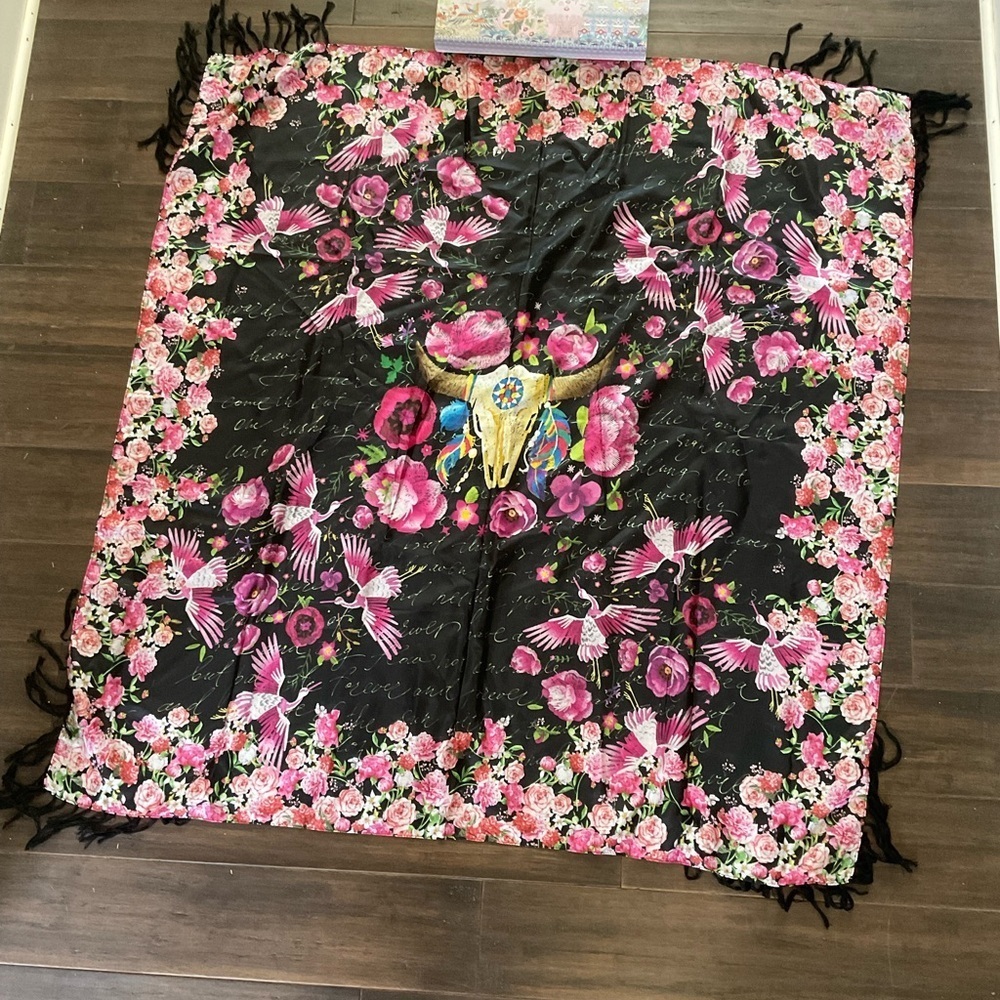 Johnny Was Large Floral Longhorn Skull Silk Scarf With Tassels